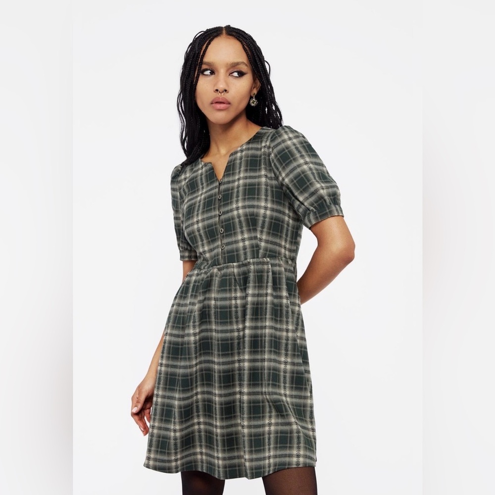 Tulisa Check Button-Up Mini Dress Sz 4 – Puff Sleeves, Alt Shirt Dress
